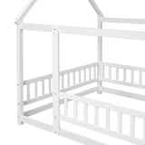 Full Size Floor Wooden Bed with House Roof Frame, Fence Guardrails ,White - V.I.P Digital Presence