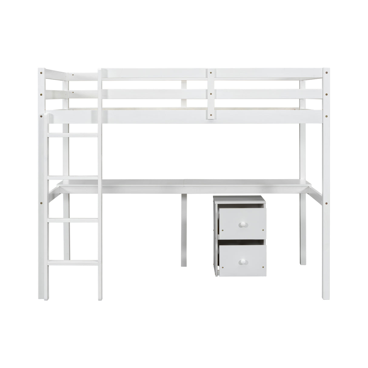Twin Loft Wood Bed with Under-bed, Built-in Desk, a Storage Cabinet of 2 Drawers, Guardrails, Ladder,White - V.I.P Digital Presence