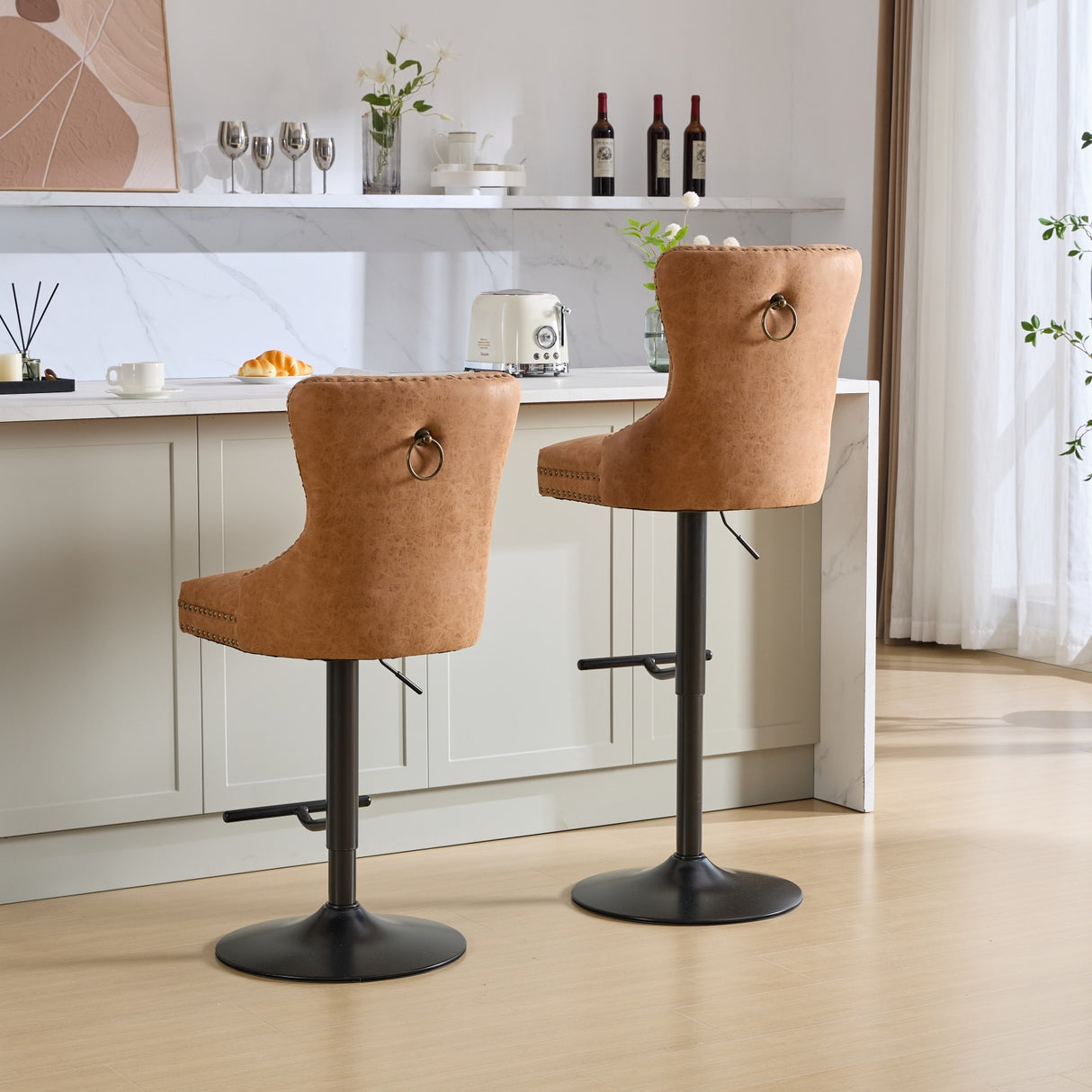 Vintage PU rotating bar stool, seat height adjustable from 25-33 inches, modern bar stool (orange, 2-piece set) - V.I.P Digital Presence