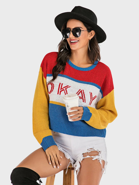 Contrast Dropped Shoulder Long Sleeve Sweater - V.I.P Digital Presence