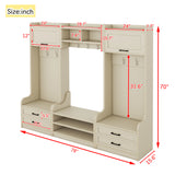 Four in one detachable hall tree with drawers and cabinets, 7 hooks, multifunctional corridor hangers, antique beige shoe stools - V.I.P Digital Presence