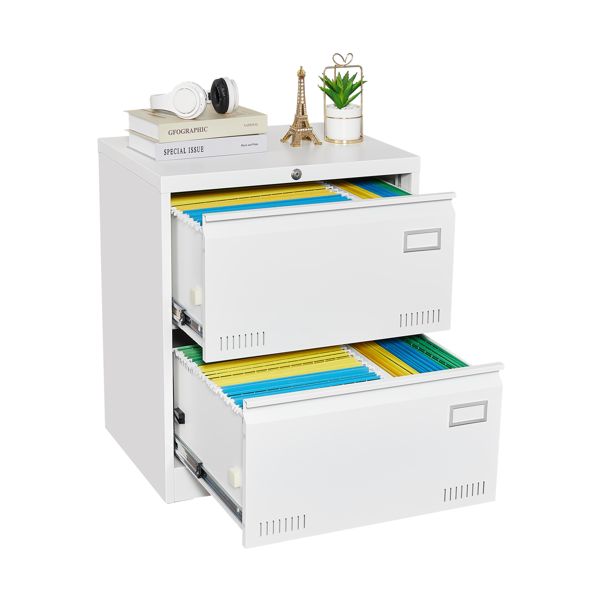 Horizontal file cabinet, 2 drawers, white file cabinet with lock, metal file cabinet with lock, 3 drawers, legal office cabinet - V.I.P Digital Presence