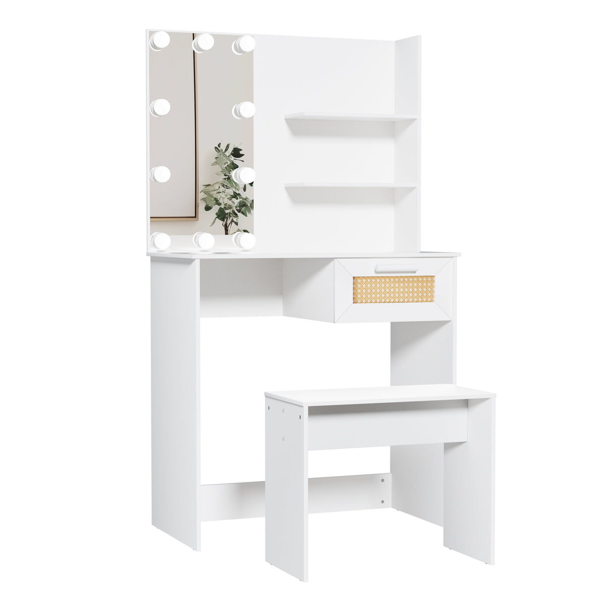 Vanity Desk Set Stool & Dressing Table with LED Lighting Mirror Drawer and Wood Cosmetic Table Chest of Drawers White Color - V.I.P Digital Presence