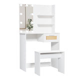 Vanity Desk Set Stool & Dressing Table with LED Lighting Mirror Drawer and Wood Cosmetic Table Chest of Drawers White Color - V.I.P Digital Presence