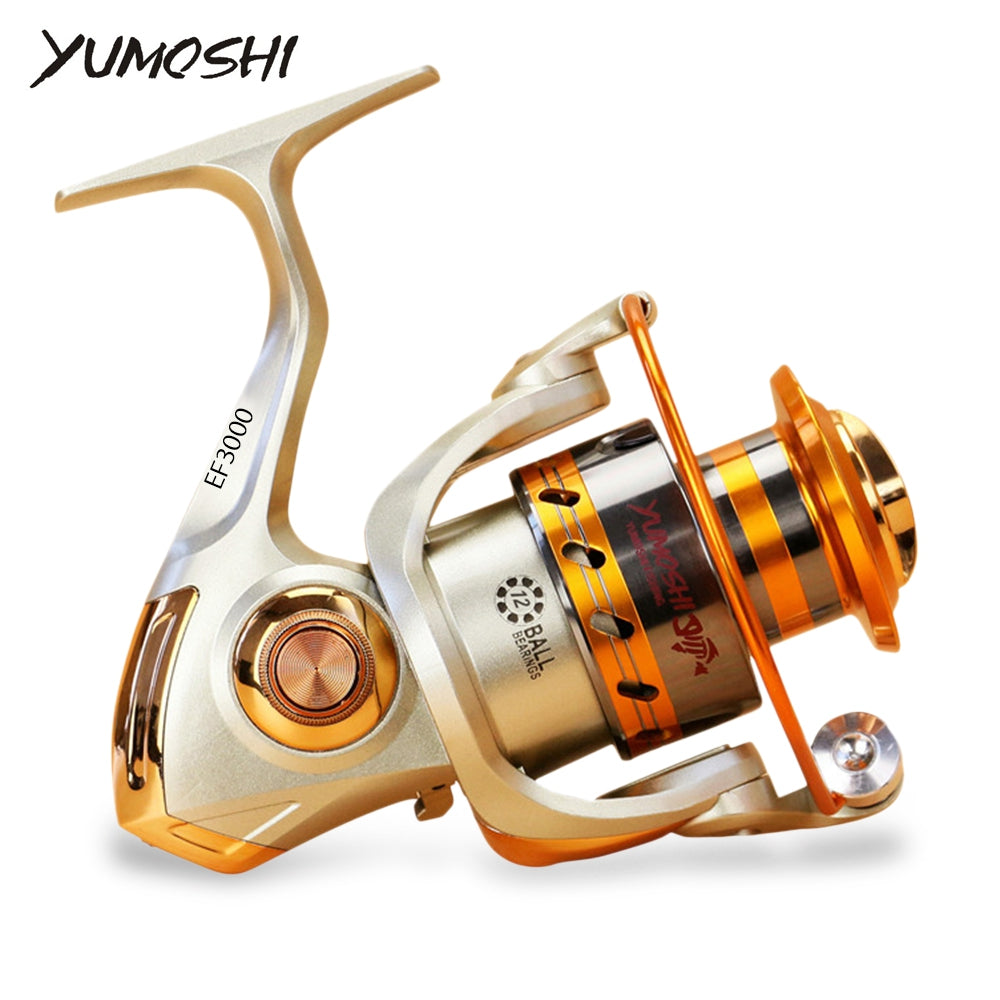 Carrete de pesca giratorio de metal Yumoshi con rueda de 12 rodamientos