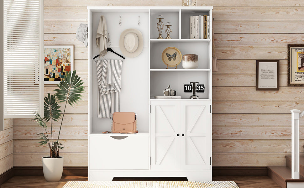 Multi-functional Hall Tree with Storage Shelves Drawers Cabinet Elegant Hallway Shoe Cabinet with Bench Modern Coat Rack White - V.I.P Digital Presence