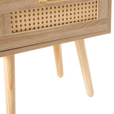 15.75" Rattan End table with Power Outlet & USB Ports  Modern nightstand with drawer and solid wood legs - V.I.P Digital Presence