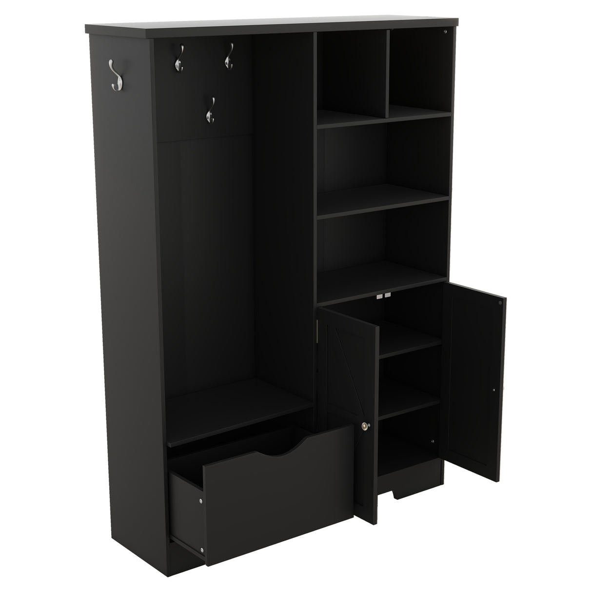 Multi-functional Hall Tree with Storage Shelves Drawers and Cabinet, Elegant Hallway Shoe Cabinet with Bench Modern Black - V.I.P Digital Presence