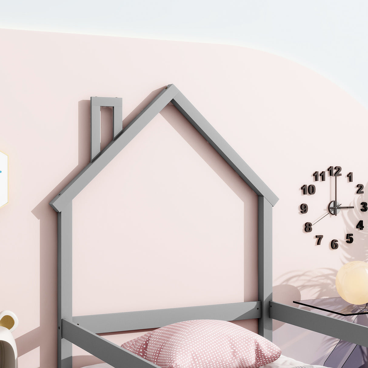 Twin Size Wood bed with House-shaped Headboard Floor bed with Fences,Grey - V.I.P Digital Presence