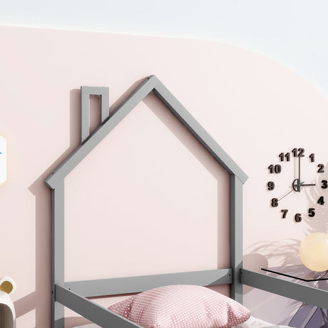 Twin Size Wood bed with House-shaped Headboard Floor bed with Fences,Grey - V.I.P Digital Presence