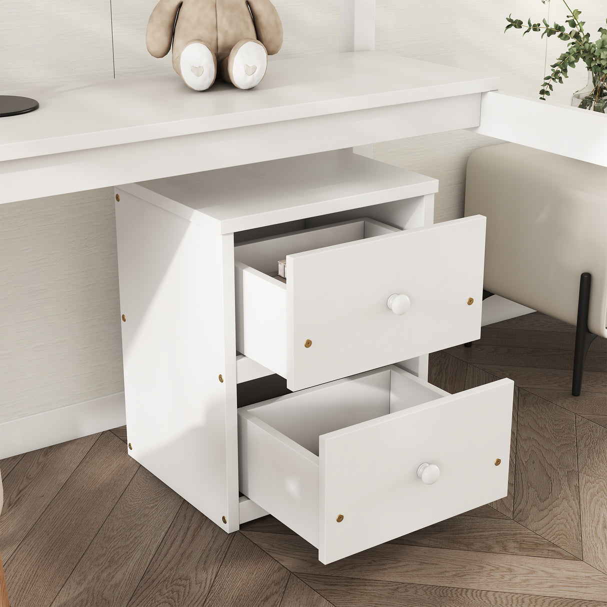 Twin Loft Wood Bed with Under-bed, Built-in Desk, a Storage Cabinet of 2 Drawers, Guardrails, Ladder,White - V.I.P Digital Presence