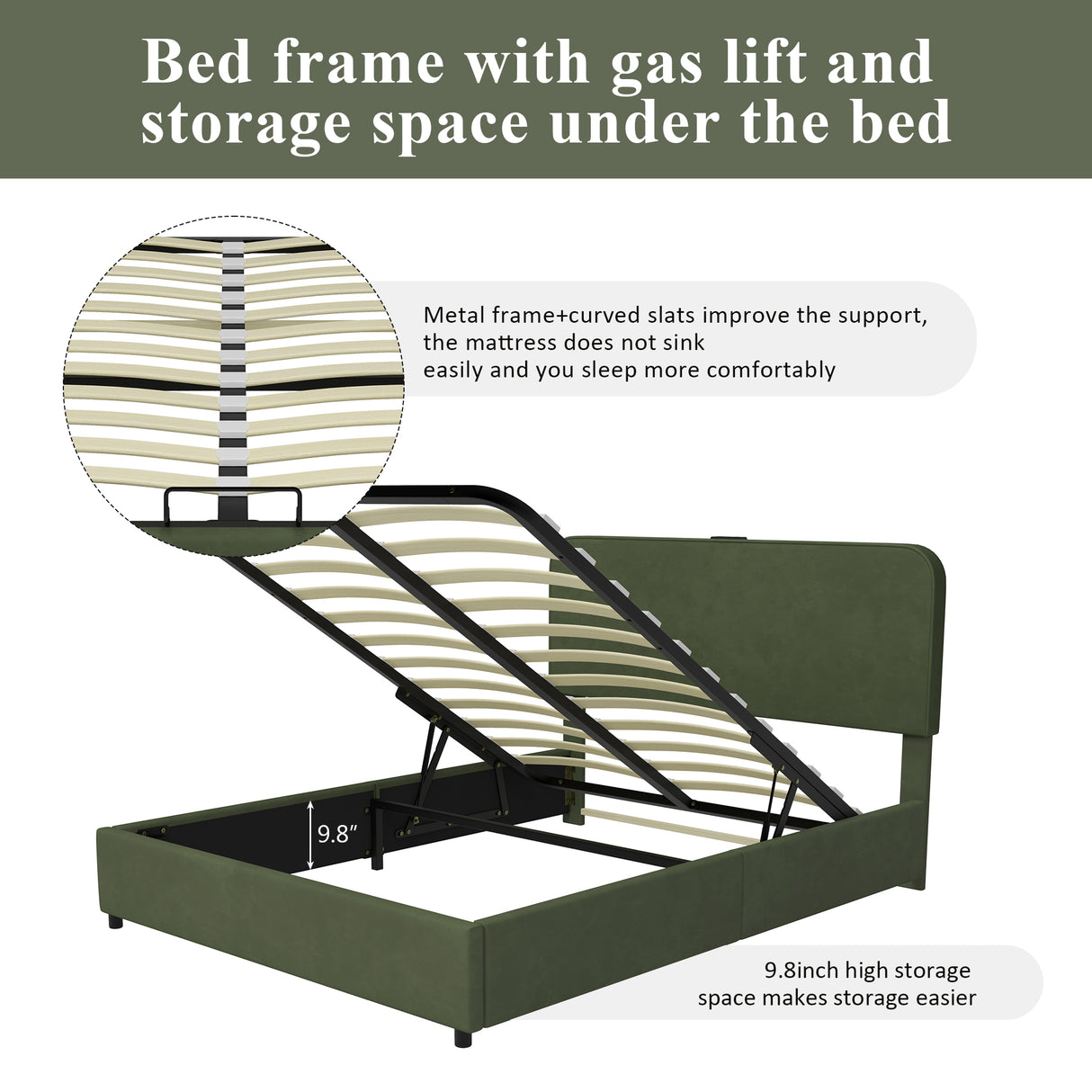 Large hydraulic storage bed with soft cushion lifting storage bed with RGB LED lights, Bluetooth speaker lychee velvet, green - V.I.P Digital Presence