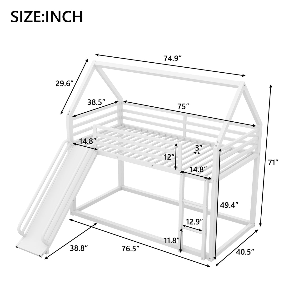 Twin over Twin House Bunk Bed with Ladder and Slide,White - V.I.P Digital Presence