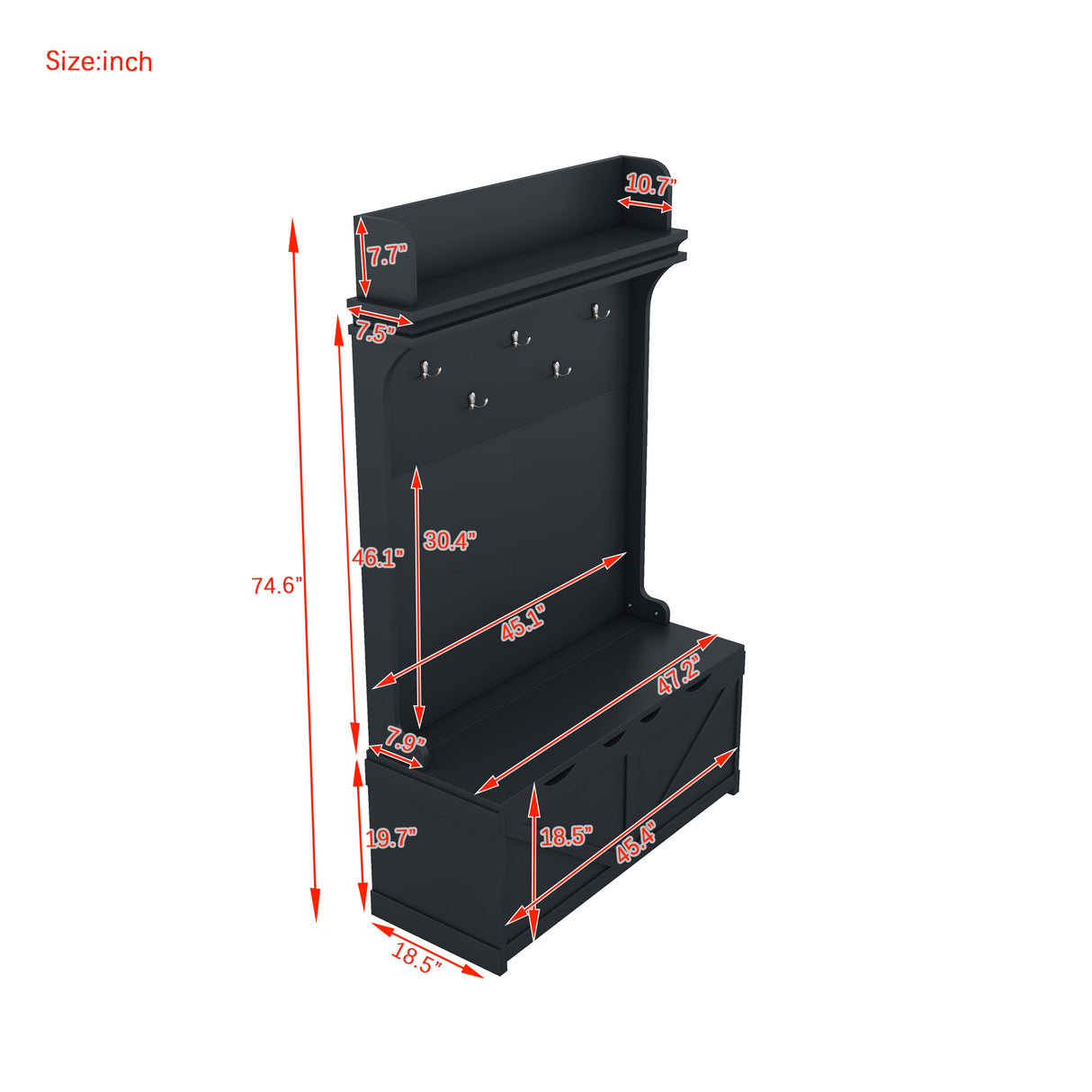 Hall tree with storage desk, entrance desk with drawers and 5 hooks, display rack, dark blue - V.I.P Digital Presence
