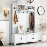ON-TREND Modern Style Hall Tree with Storage Cabinet and 2 Large Drawers, Widen Mudroom Bench with 5 Coat Hooks, White - V.I.P Digital Presence