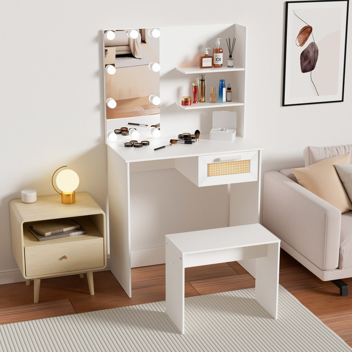 Vanity Desk Set Stool & Dressing Table with LED Lighting Mirror Drawer and Wood Cosmetic Table Chest of Drawers White Color - V.I.P Digital Presence
