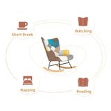 Rocking Chair with ottoman, Mid Century Fabric Rocker Chair with Wood Legs and Patchwork Linen for Livingroom Bedroom - V.I.P Digital Presence