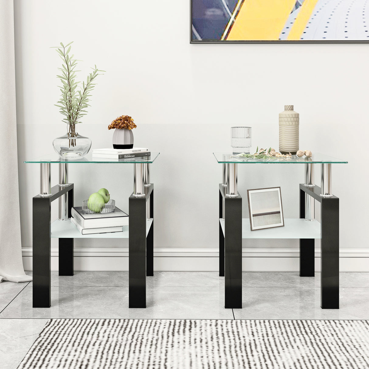 Set of 2, Modern Tempered Glass Tea Table Coffee Table End Table, Square Table for Living Room, Transparent/Black - V.I.P Digital Presence