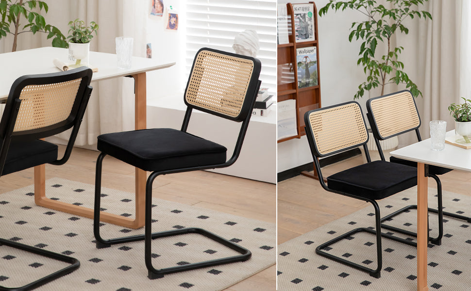 Dining Chairs Set of 2 velvet wicker side decorative chairs, black painted legs, modern medieval Bruell designed chairs, - V.I.P Digital Presence