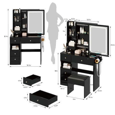 Left drawer desktop vanity+cushioned stool, 2 AC+2 USB power stations, touch sliding LED mirror, tri color switch - V.I.P Digital Presence
