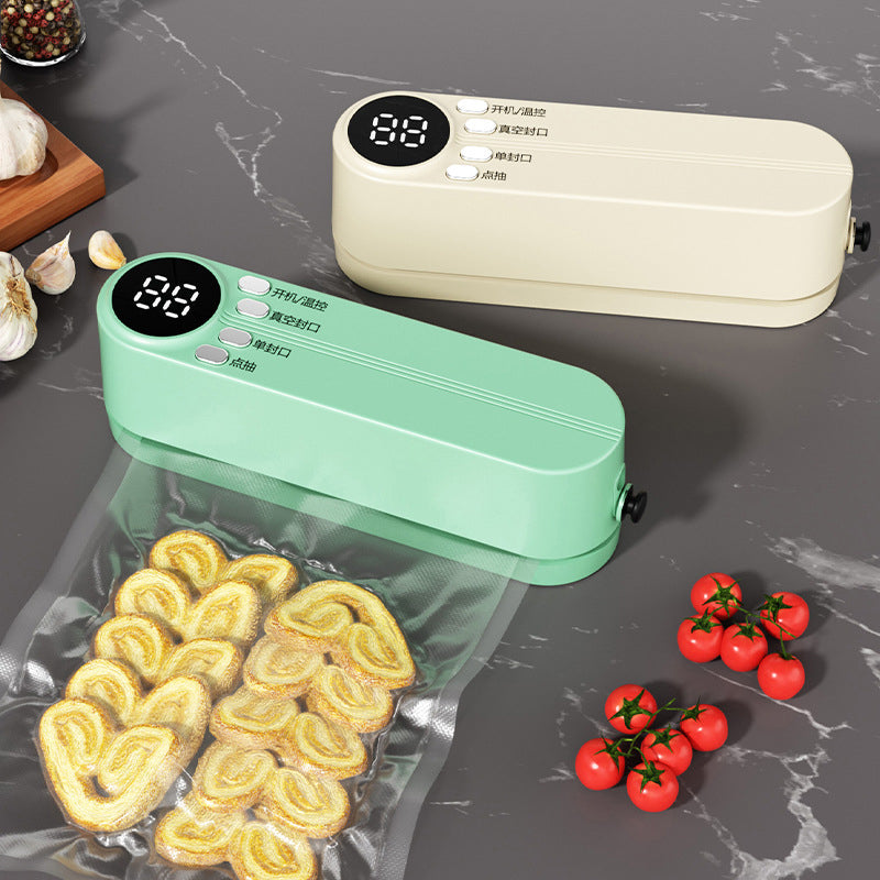 Beige cordless 3 - in - 1 food sealer. For dry/moist food, 4 bags. Seals chip bags, inflates items. - V.I.P Digital Presence
