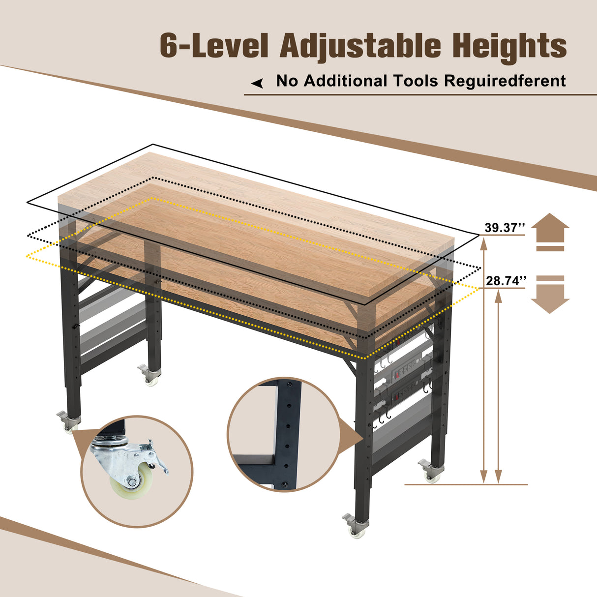 60 inch adjustable garage workbench, rubber wood heavy-duty workstation with power socket and wheels, 2000 pound load capacity - V.I.P Digital Presence