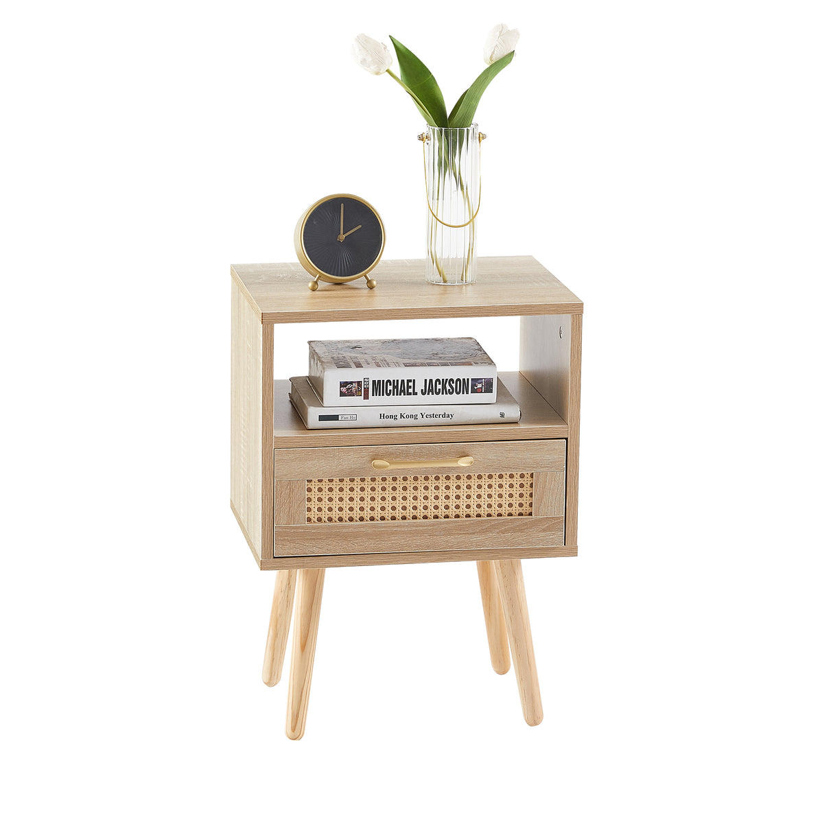 15.75" Rattan End table with drawer and solid wood legs Modern nightstand side table for living room natural - V.I.P Digital Presence