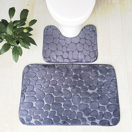 Embossed Stone Two-Piece Bathroom Toilet Floor Mat PVC Non-Slip Absorbent Carpet Door Mat - V.I.P Digital Presence