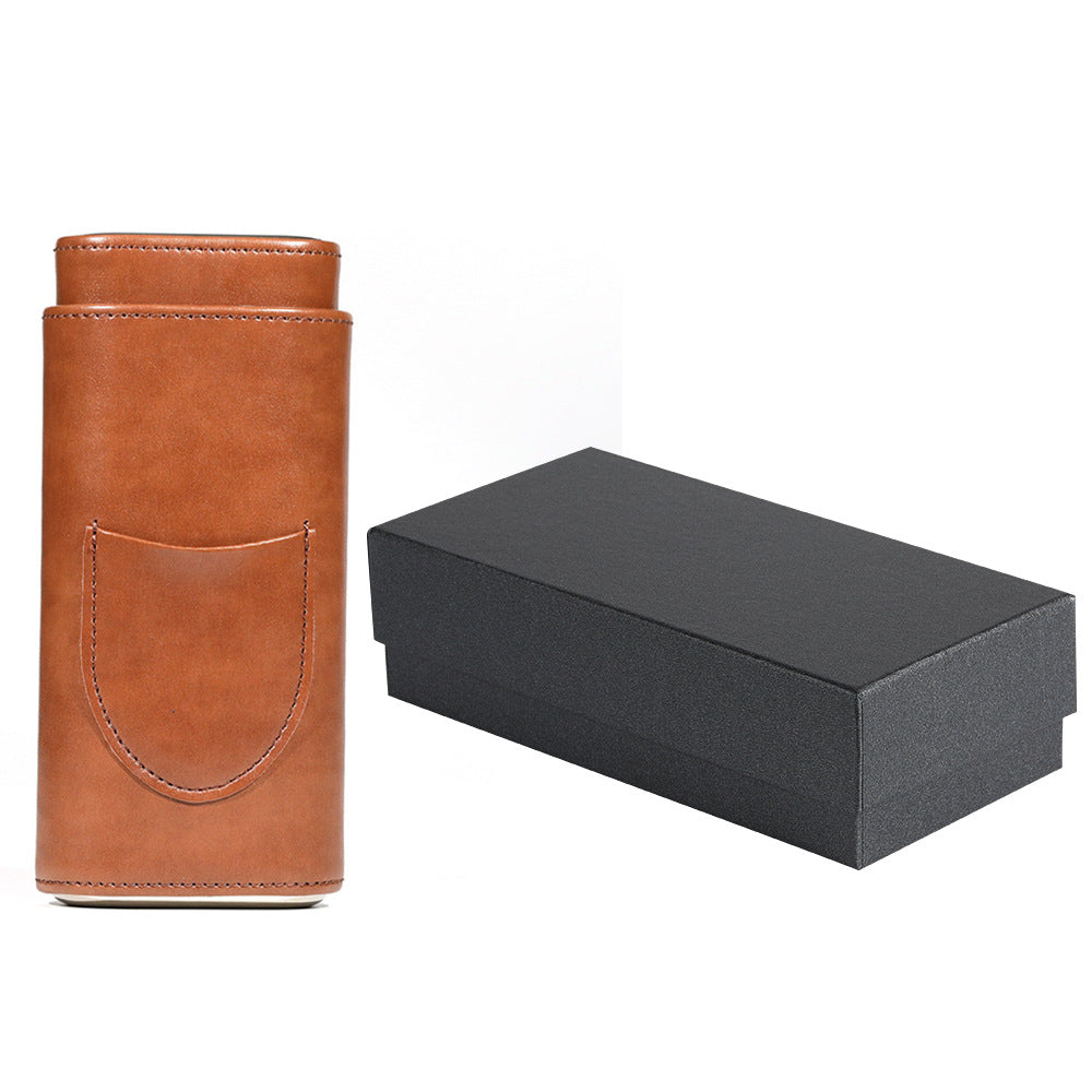 Two end hardware leather cigar box portable cedar wood 3-pack cigar moisturizing box protective cover cigar leather cover - V.I.P Digital Presence