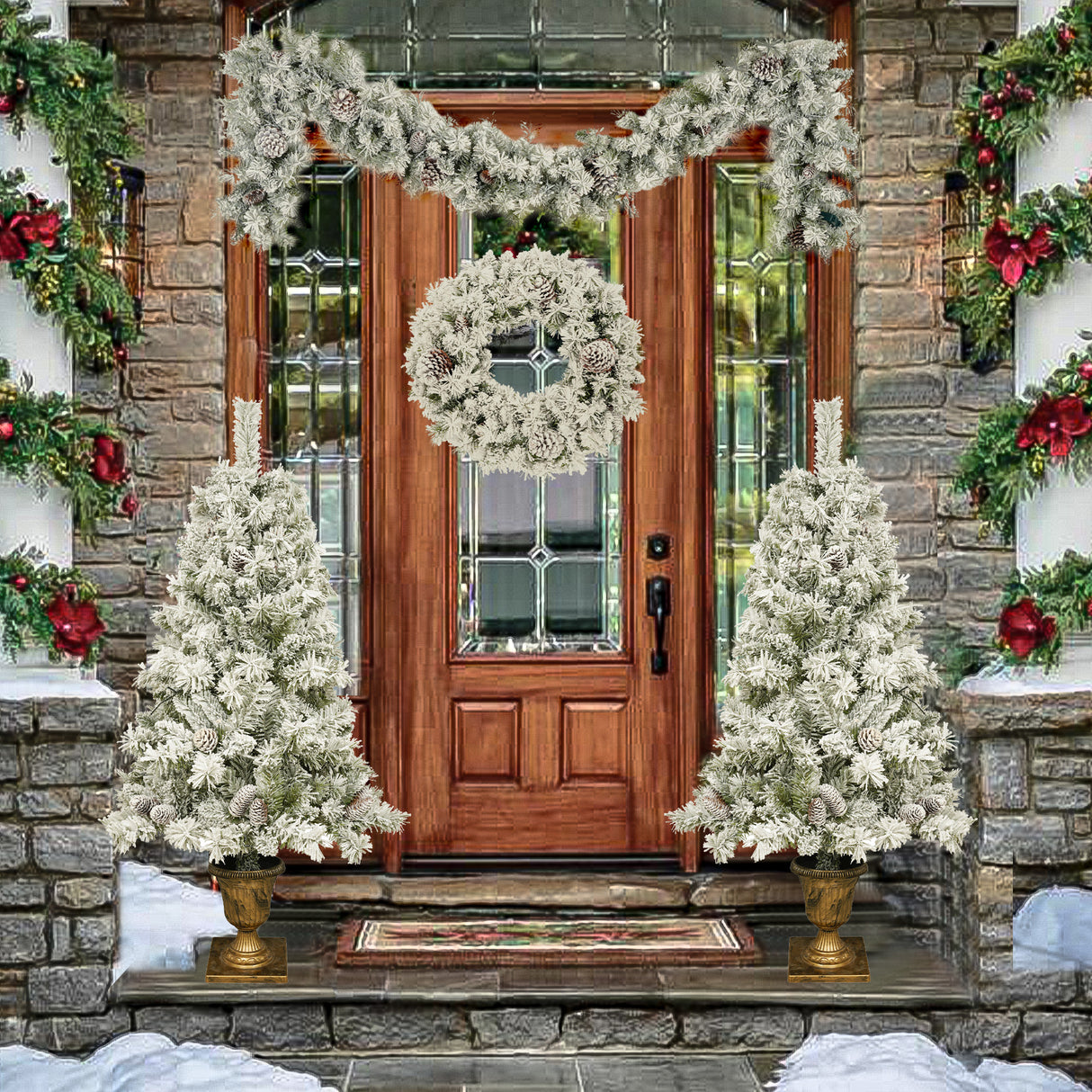 A set of 4 artificial Christmas trees, including flower garlands, flower garlands, and 2 entrance trees, with LED lights - V.I.P Digital Presence