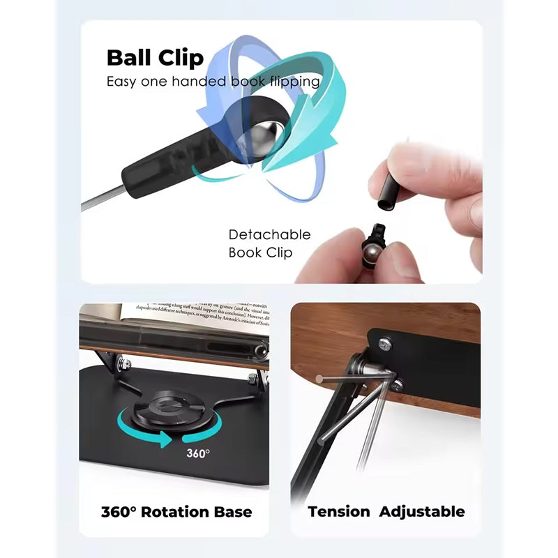 Adjustable 360° Rotating Book Stand with Elastic Clips, for Cookbooks, Laptops & More - V.I.P Digital Presence