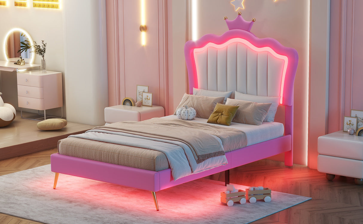 Twin Size Upholstered Bed Frame with LED Lights, Modern Upholstered Princess Bed with Crown Headboard, Pink+White - V.I.P Digital Presence