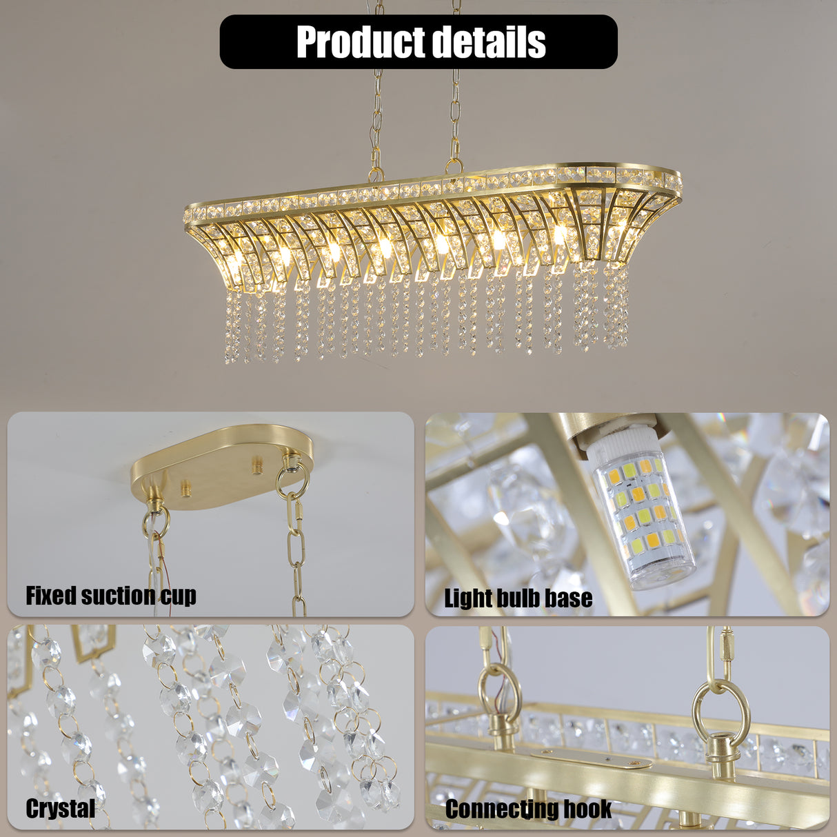 Modern Champagne Gold Kitchen Island Light - Oval Crystal ceiling chandelier - V.I.P Digital Presence