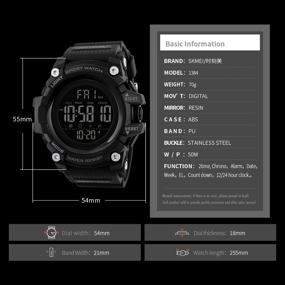 SKMEI 1384 Countdown Stopwatch Sport Watch Mens Watches Top Brand Luxury Men Wrist Watch Waterproof LED Electronic Digital Male Watch - V.I.P Digital Presence