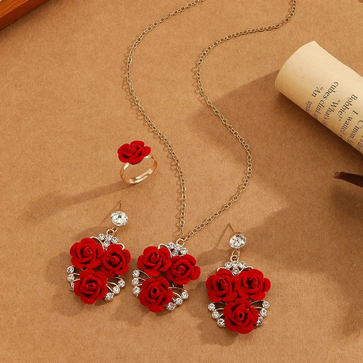 4pcs/Set Romantic Lovely Red Rose Flower Inlaid Rhinestone Pendant Necklaces+Dangle Earrings+Ring，For Women Valentine'S Day Gift - V.I.P Digital Presence