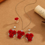 4pcs/Set Romantic Lovely Red Rose Flower Inlaid Rhinestone Pendant Necklaces+Dangle Earrings+Ring，For Women Valentine'S Day Gift - V.I.P Digital Presence