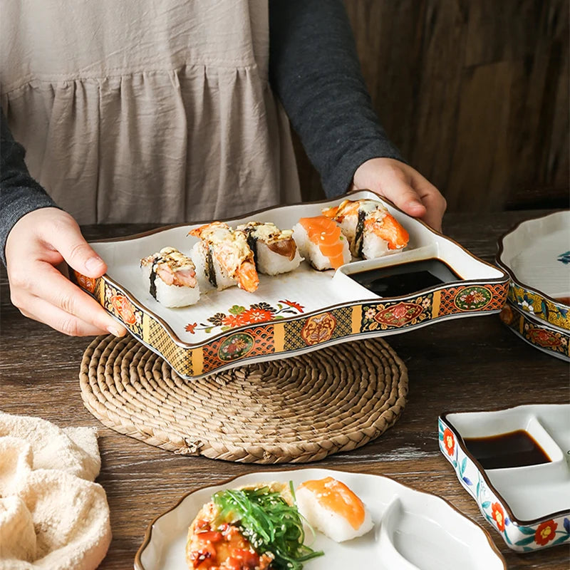 Dumpling plate sushi plate round square plate with soy sauce and vinegar partitioned snack plate ceramic plate for home use - V.I.P Digital Presence