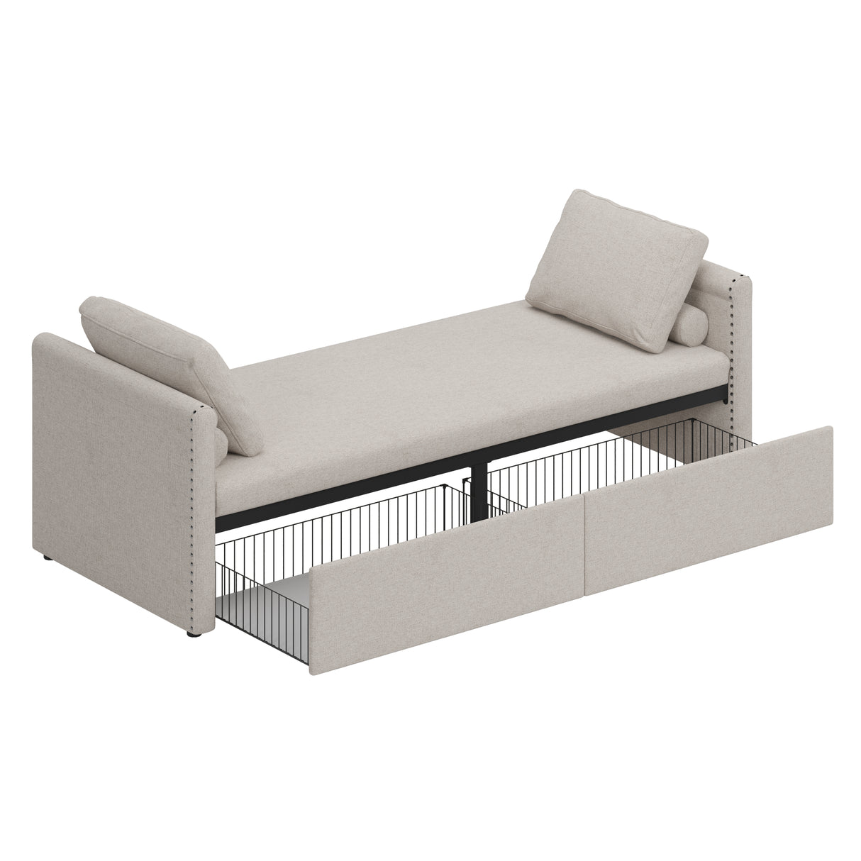 Modern cushioned lounge chair sofa bed with 2 drawers, small single sofa bed without mattress, linen, beige - V.I.P Digital Presence