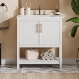 30-Inch White Bathroom Vanity with Ceramic Sink and Versatile Storage - Ideal for Small Bathrooms - V.I.P Digital Presence