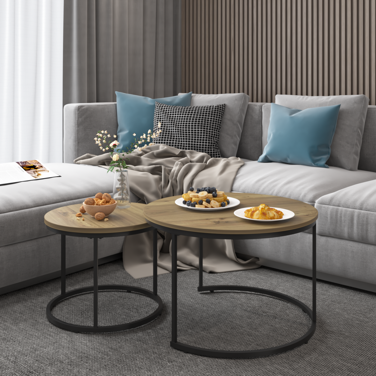 A set of nested coffee tables, 27.6-inch round coffee table, industrial wood veneer, with sturdy metal frame (brown) - V.I.P Digital Presence