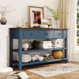 Retro Design Console Table with Two Open Shelves, Pine Solid Wood Frame and Legs for Living Room (Antique Navy+Espresso) - V.I.P Digital Presence