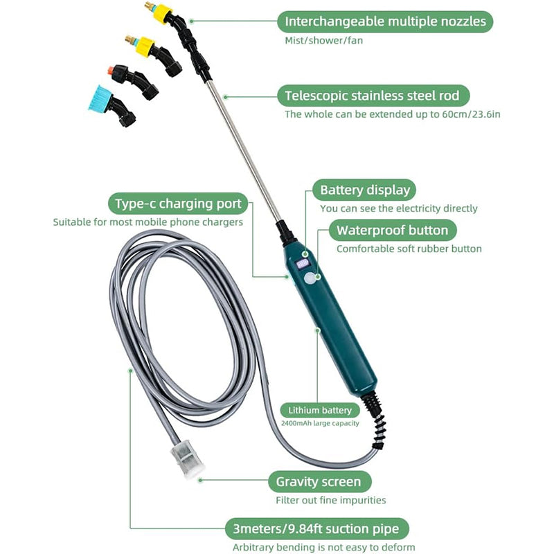 2400mAh Portable Electric Sprayer Wand. 3 nozzles, high - pressure, for garden plant watering. - V.I.P Digital Presence
