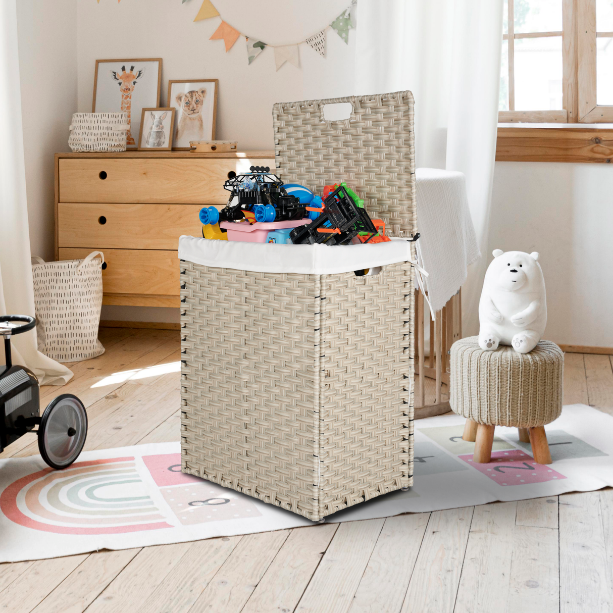 Laundry Hamper With Lid PE Rattan Powder Coating Frame Clothes Hampers with 02 Removable Bags, 100L, Grey Color - V.I.P Digital Presence