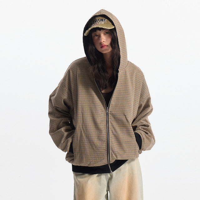 Double-sided Wear Hooded Cardigan Unisex Spring and Autumn Casual Loose Fit Plaid Short Jacket Two-Way Wearing - V.I.P Digital Presence