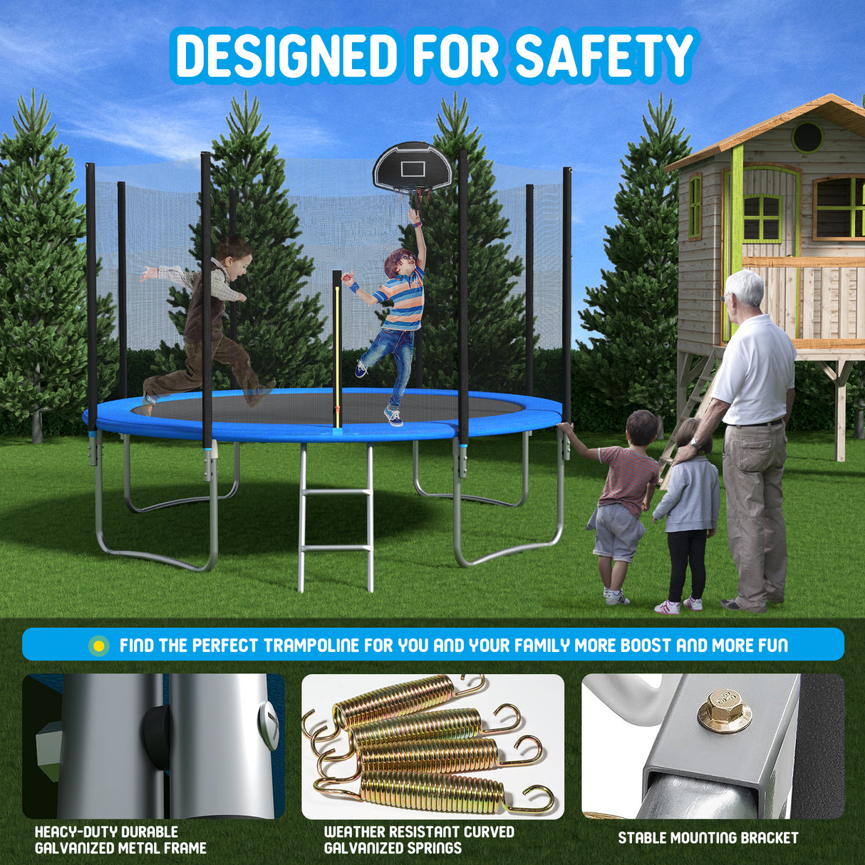 14 FT TRAMPOLINE OUTSIDE SAFETY NET WITH BASKETBALL HOOP - V.I.P Digital Presence