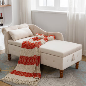 Beige Chaise Lounge Indoor Velvet Lounge Chair for Bedroom with Storage & Pillow Modern Upholstered Rolled Arm Chase Lounge - V.I.P Digital Presence