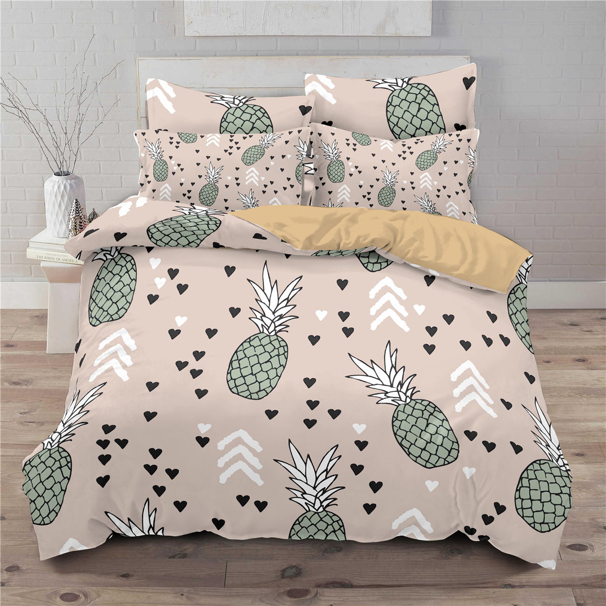 Funda de cama europea y americana de tres piezas impresa en 3D con una pequeña piña fresca 