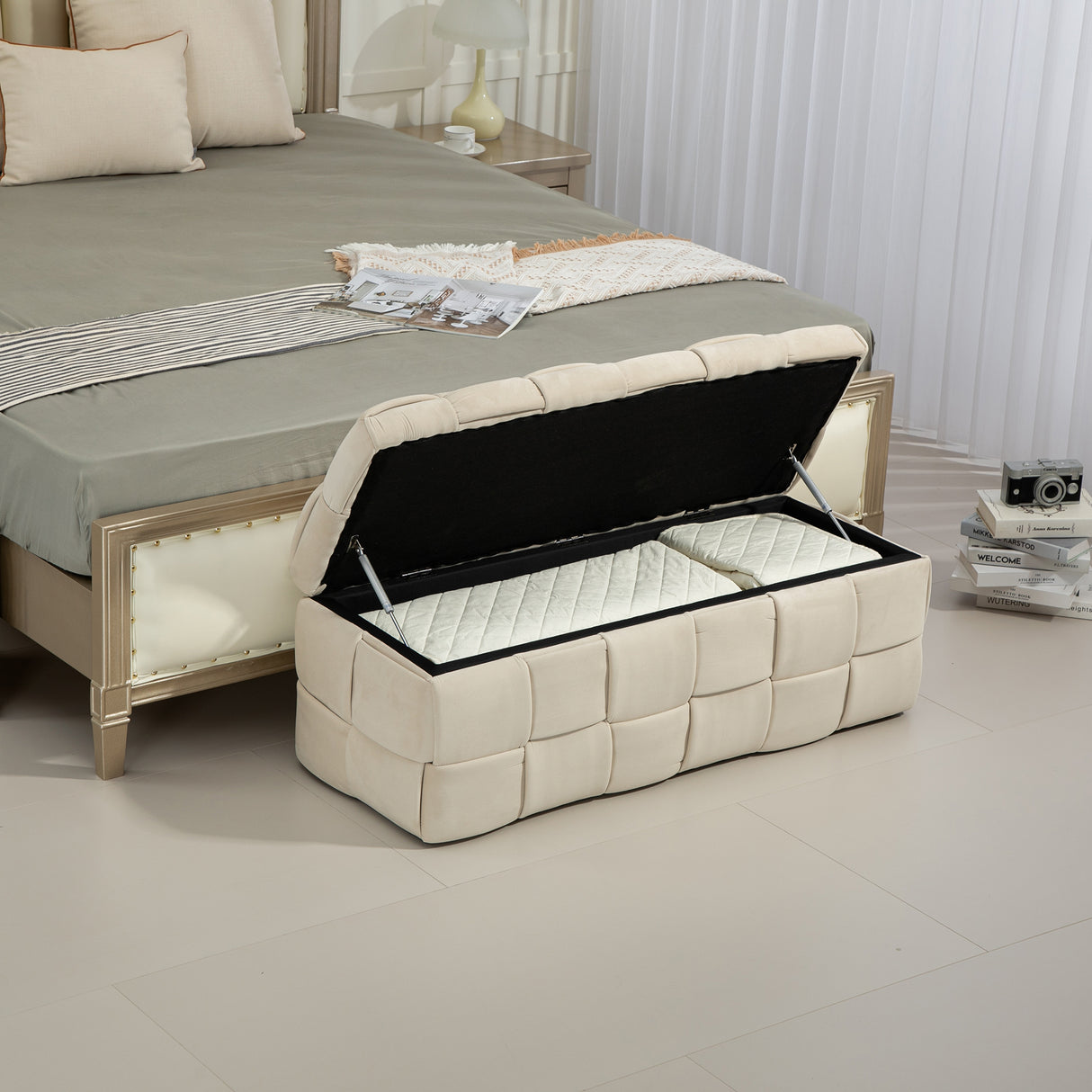 COOLMOR storage Ottoman chair, bedroom end stool, cushioned fabric entrance cushioned footstool with safety hinge (beige) - V.I.P Digital Presence
