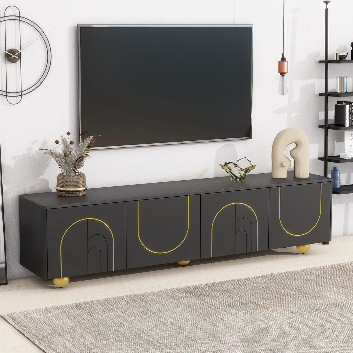 U-Can modern TV stand is suitable for TVs under 75 inches and comes with a storage cabinet top marble pattern and circular stand - V.I.P Digital Presence