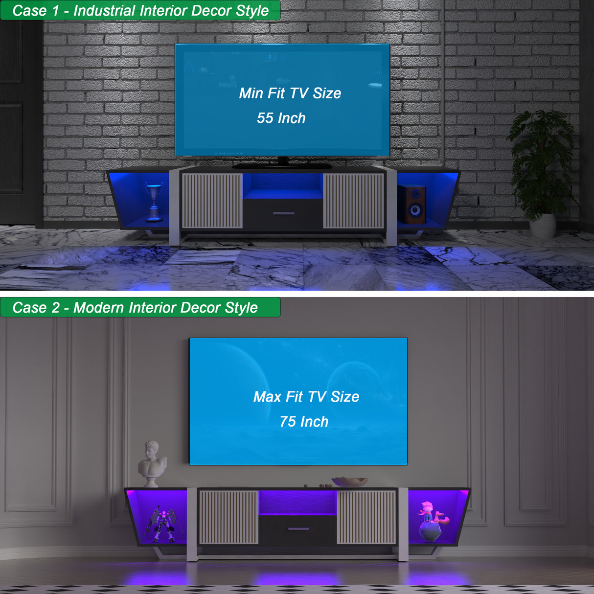 TV console with storage cabinet, dual flat LED TV stand with remote control, multi-mode light with power cord, black - V.I.P Digital Presence